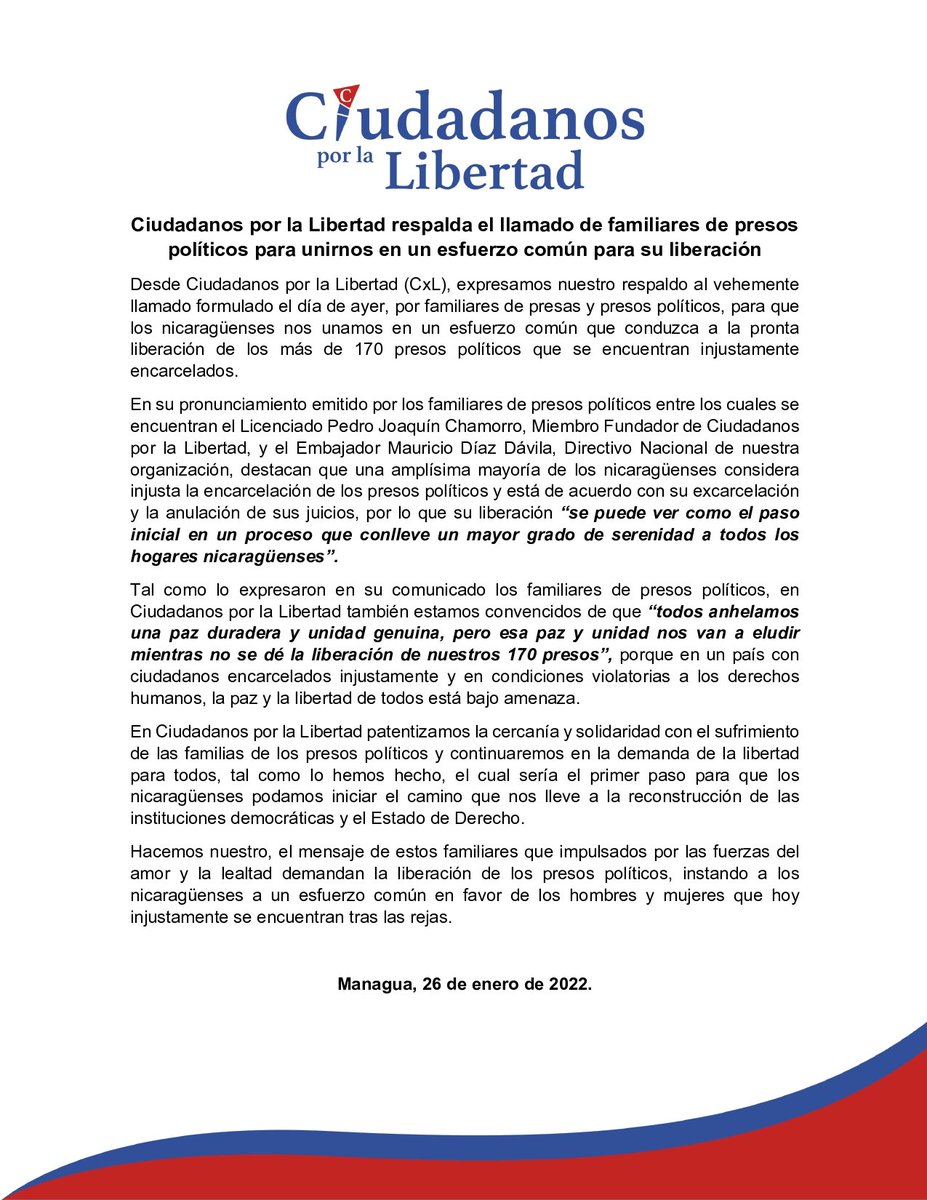 CxLibertad's tweet photo. #Comunicado | Ciudadanos por la Libertad respalda el llamado de familiares de presos políticos a unirnos en un esfuerzo común que conduzca a la pronta liberación de los más de 170 presos políticos injustamente encarcelados.

Ver más: https://t.co/pR34KG5efO

#SOSNicaragua https://t.co/S3vdmzq9BC