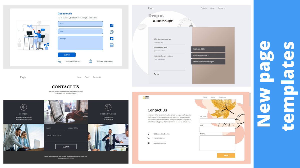 systeme_io's tweet image. New #pagetemplates! We&apos;ve added 17 new &quot;#ContactUs&quot; page templates to systeme.io. Are there any other templates you&apos;d like us to add? Hit like and let me know in the comments