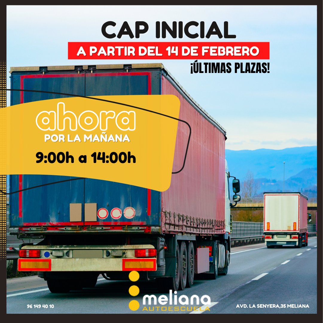 Nuevo Curso de Cap Inicial  POR LAS MAÑANAS  @autoescuelameliana el próximo 14 de #febrero 

 ¡SOLO 10 PLAZAS DISPONIBLES!
 
Las clases comenzarán a finales de #enero en horario de 9:00h a 14:00h 

96/149 40 10
autoescuelameliana.com

#autoescuela #autoescuelavalencia