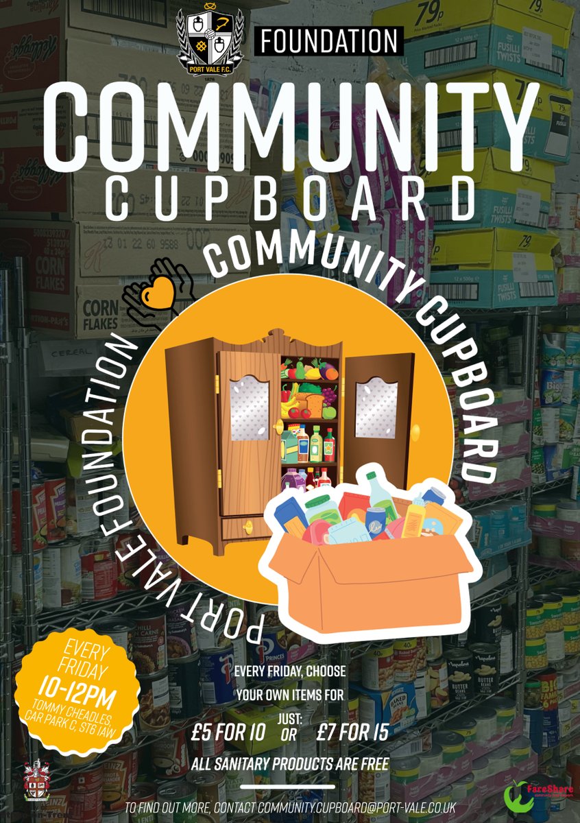 The <a href="/PVFCFoundation/">Port Vale Foundation</a> Community Cupboard opens this Friday.

We believe nobody should have an empty cupboard. That’s why every Friday we are opening a Community Cupboard for essential items at a low cost. 

📌Tommy Cheadle’s
⏰Every Friday, 10AM-12PM
💰£5 for 10 items, £7 for 15