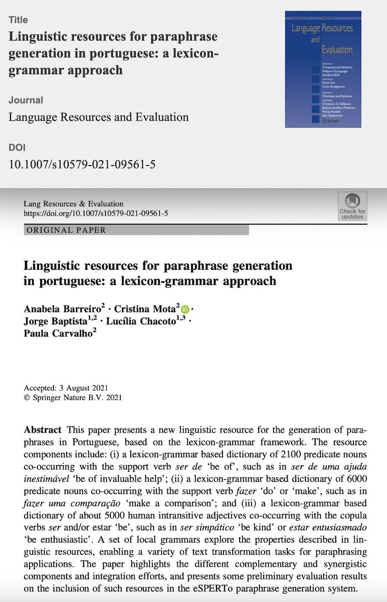 AnabelaBarreiro's tweet photo. Published in the journal "Language Resources and Evaluation" by Springer.
#naturallanguageprocessing #naturallanguagegeneration #nlg #nlp #computationallinguistics #paraphrases #lexicongrammar #paraphrasegeneration https://t.co/BiUIZhr6Vc