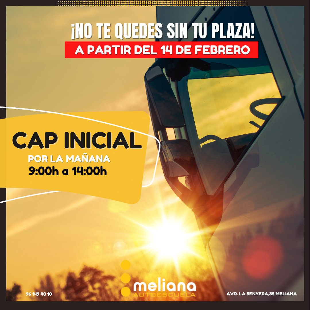 📢10 plazas disponibles📢
Nuevo Curso de Cap Inicial POR LAS MAÑANAS 
⏰Las clases comenzarán el próximo 14 DE FEBRERO en horario de 9:00h a 14:00h
¡ÚNICO EN VALENCIA!
☎️Más información:
96/149 40 10
📍La Senyera, 35 Meliana
autoescuelameliana.com
 #autoescuelavalencia