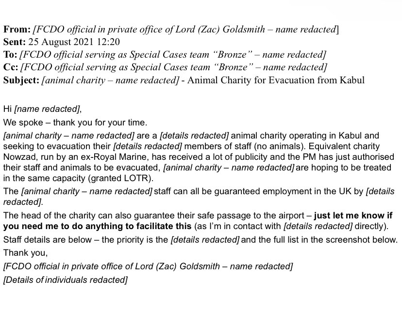 In other news, emails just published by ⁦@CommonsForeign⁩ re the Afghan evacuation refer to the PM giving personal authorisation for the Nowzad animals to be evacuated.

This was denied by No10 spokesman.