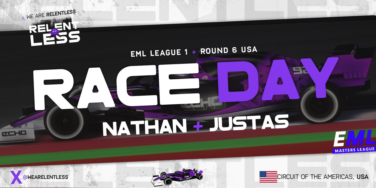WeARelentless's tweet photo. RACE DAY | @EML_F1 🔵

The duo of @REL_Nathan and Justas returns for tonight's Round 6 of the EML Championship at USA. Catch the action at 7pm UK time on the League Racing TV youtube.

Good luck to both out there tonight! #BeRelentless 💜 https://t.co/mSLVJDpUBc