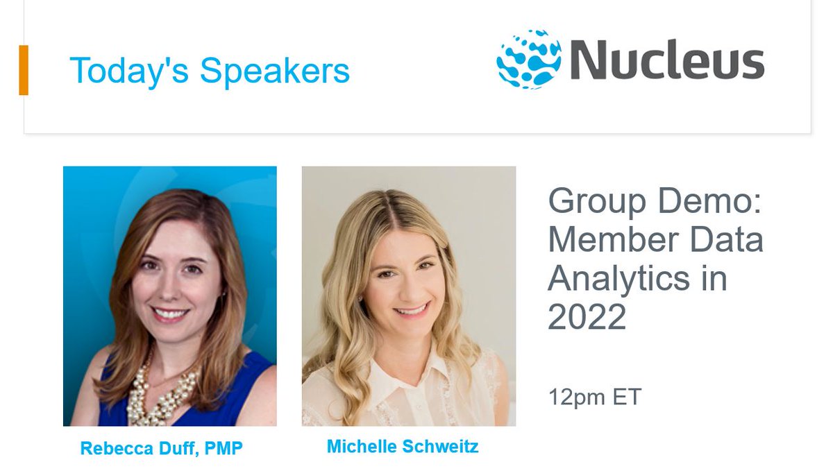 Last day to register: Member #Data Analytics in 2022. Join our speakers Rebecca &amp; Michelle for a 10-minute group demo at 12pm ET.

Rebecca will be sharing real #association examples of member data in Nucleus Analytics.

Register now > hubs.la/Q012VVtj0

#assnchat #assnprofs