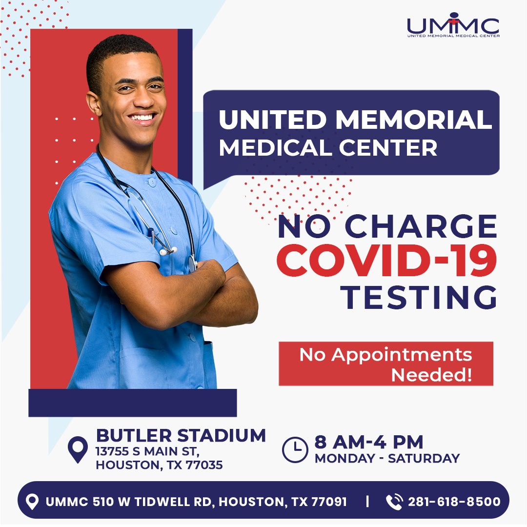 Come on out to Butler Stadium and get tested for COVID-19.
✅When: Monday-Saturday 8AM-4PM
✅Where: Butler Stadium
             13755 S Main St.
             Houston, TX 77035
✅What: NO charge COVID-19 testing!

No appointments needed!
#UMMC #unitedmemorialmedicalcenter
