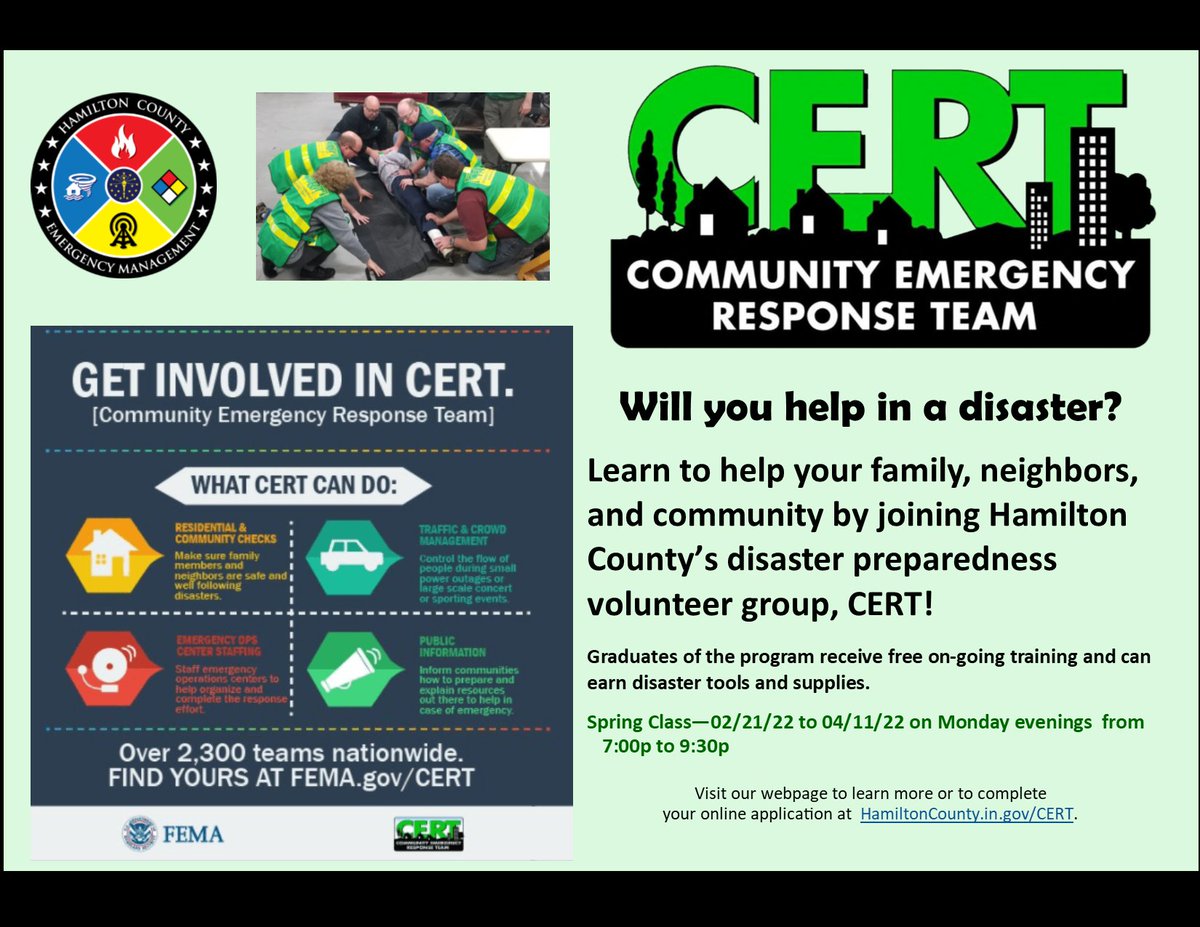 Will you help in a disaster?  You can learn valuable skills during our next Community Emergency Response Team (CERT) course.  To learn more and apply online, visit hamiltoncounty.in.gov/cert