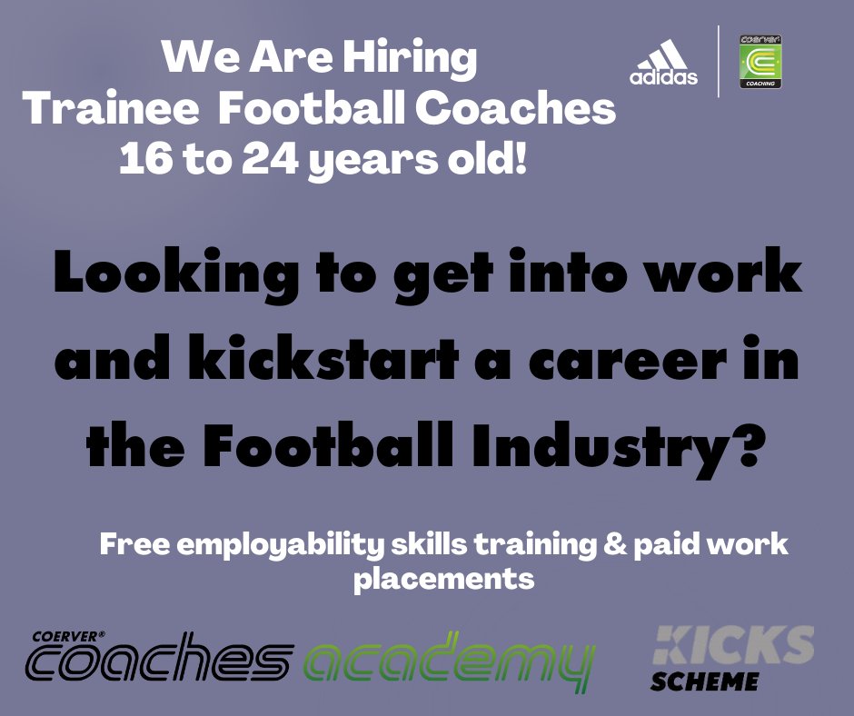 WE ARE HIRING TRAINEE FOOTBALL COACHES | 

JOIN US for our online recruitment open day on Tuesday 1st February at 3pm

REGISTER HERE TO ATTEND forms.gle/QFcTPRyDKz6Qno…

For more information please email
gcraig@coerver.co.uk #worldsnumber1