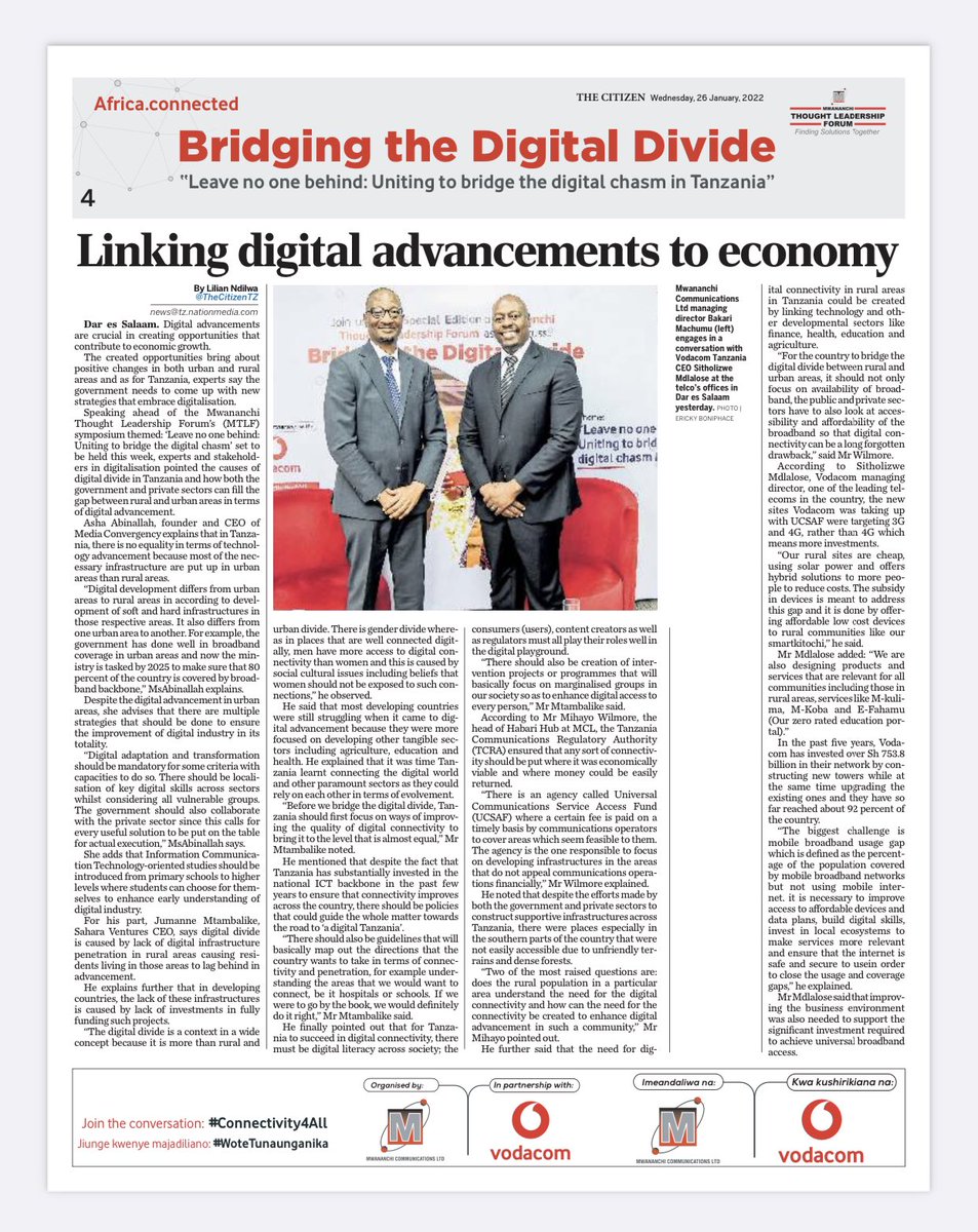 AD_Abinallah's tweet photo. It was a privileged to be featured on @TheCitizenTZ alongside my brothers @MihayoWilmore, @Afruturist & @VodacomTanzania MD, Sitholizwe Mdlalose, on this important discussion of linking #Digital advancements to the Economy. Looking forward to tomorrow’s #MTLF | #DigitalDevide https://t.co/fXkbHL6Iy6
