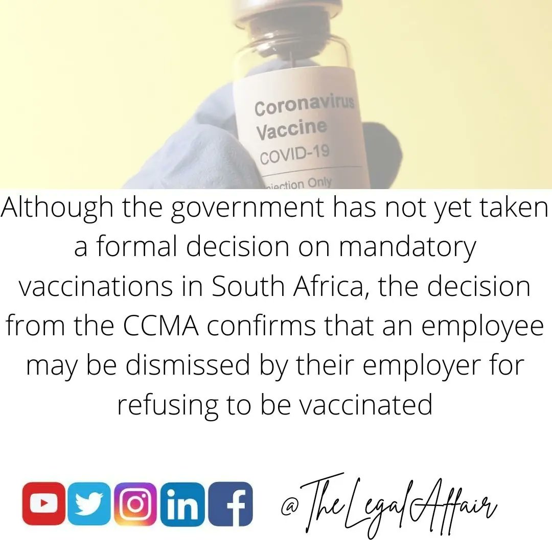 TheLegalAffair's tweet photo. This week The Legal Affair looks into the legal developments of mandatory vaccines in the workplace. 

 #TheLegalAfffair  #LegalInsight
#CCMA #MandatoryVaccine https://t.co/3qlzUfo3gg