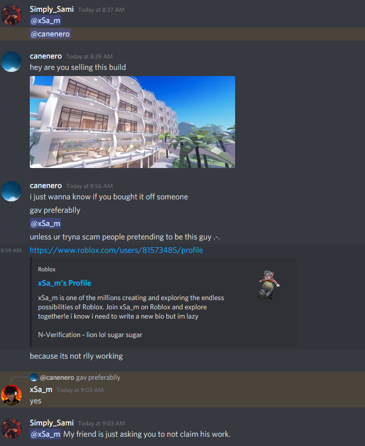 canenero3d's tweet photo. Scammer tryna sell my builds and impersonating people 
xSa_m#7749
Don't take any offers by this man #roblox #scammer https://t.co/UCCIYuOvSR