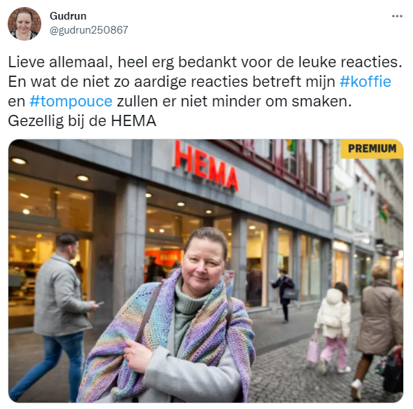 HEMA's tweet photo. En wij vinden het maar al te gezellig om je weer te mogen ontvangen!

@gudrun250867 Stuur ons even een DM met je mailadres en dan zijn de komende kopjes koffie en tompoucen van de zaak. https://t.co/lMBd8MW8zJ