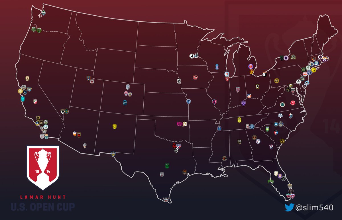 🗺️🗺️2022 Lamar Hunt US Open Cup Map🗺️🗺️
-103 teams
-12.5 states+DC represented by a single team*
-most ever professional teams
-potential battle of the birds <a href="/mplscitysc/">Minneapolis City SC</a> vs <a href="/MNUFC/">Minnesota United FC</a> 
-finally hope to see Chatt derby <a href="/ChattanoogaFC/">Chattanooga FC</a> <a href="/ChattRedWolves/">Chattanooga Red Wolves SC</a>