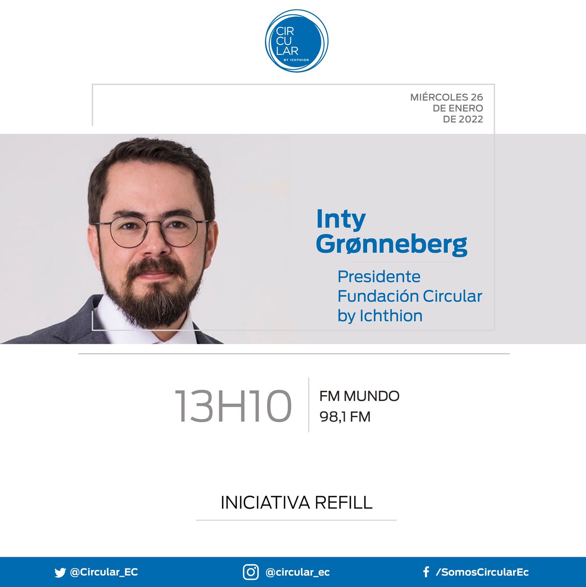 Refill_Ecuador's tweet photo. 🎙️ | Hoy a las 13h10 @groninty, Presidente de @CircularEC estará en @fmmundo donde les contará acerca de #Refill1000 la meta de nuestra iniciativa que busca llegar a 1000 puntos a nivel nacional para disminuir el #plástico de un solo uso.

No te lo pierdas por la 📻 98,1 FM. https://t.co/xVJ0B786o5