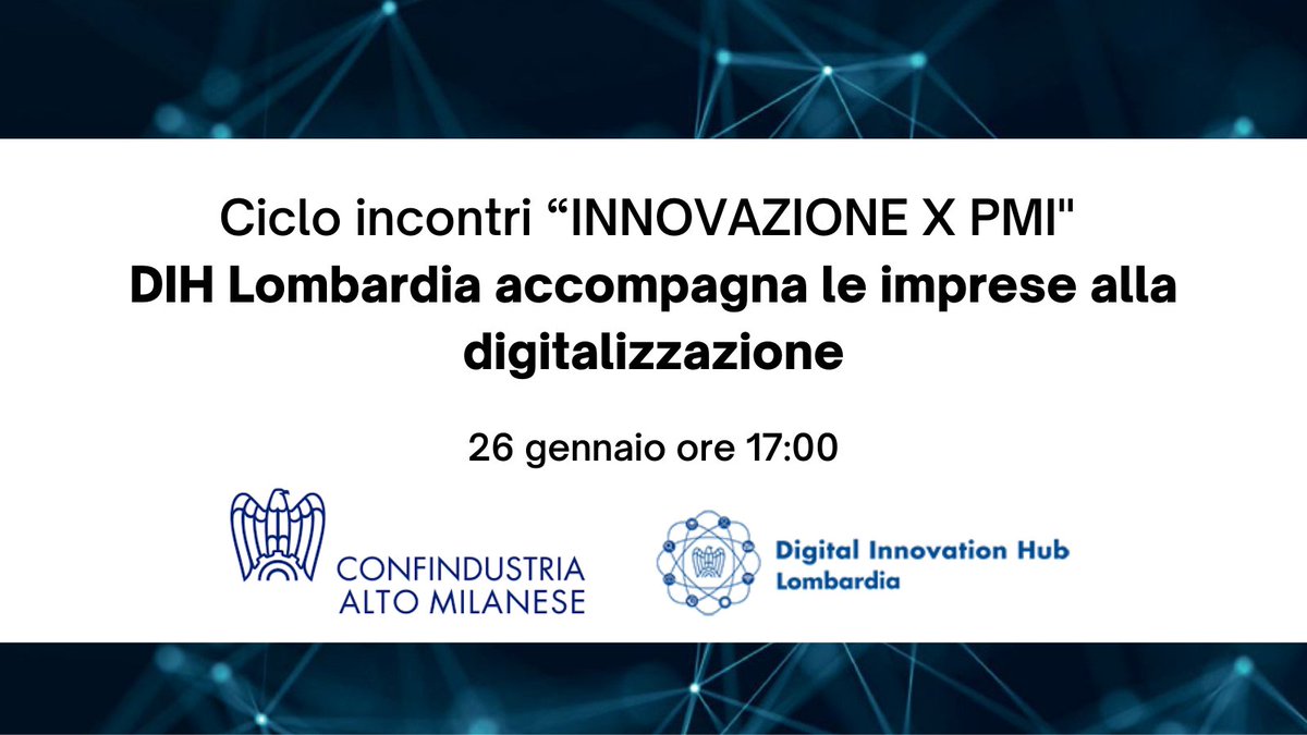 Oggi al via INNOVAZIONE X PMI organizzato dal gruppo PI di Confindustria Altomilanese con Fabio Colombo. Interventi DIH Lombardia @GvVisca , Manuel Astuto e Roberto Zardoni sugli strumenti a disposizione PMI per la digitalizzazione. Testimonianza aziendale Forgiatura San Giorgio.