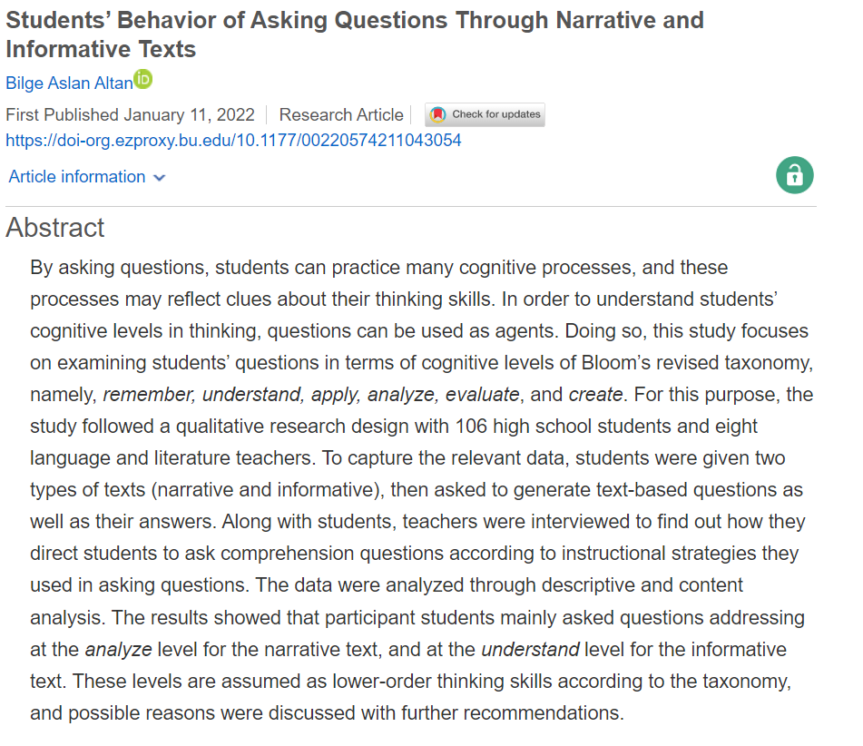 JournalofEd's tweet image. Curious about student's cognitive thinking processes? Check out this study using Bloom's Taxonomy to examine students' generation of questions using  after reading. #bloomstaxonomy #TheMoreYouKnow 
@muglaedutr
 
journals-sagepub-com.ezproxy.bu.edu/doi/full/10.11…