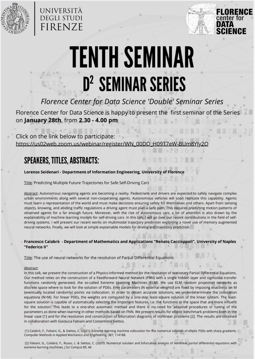 DataScienceFLR's tweet image. Today #28January don’t miss out our 10th #D2Seminar with Lorenzo Seidenari @6d3 from #DINFO @UNI_FIRENZE and Francesco Calabrò from @UninaIT. Join us this afternoon at 2.30PM we'll talk about self driving cars and neural networks. bit.ly/3qYepAF