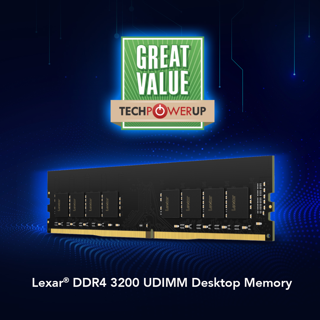 lexarmemory's tweet image. This brightens our Friday! 🏆

Lexar DDR4 32000 UDIMM Desktop Memory received an award.  

Thank you, @TechPowerUp for the recognition! 

Read More: techpowerup.com/review/lexar-d…

#DDR4 #DesktopMemory #Award