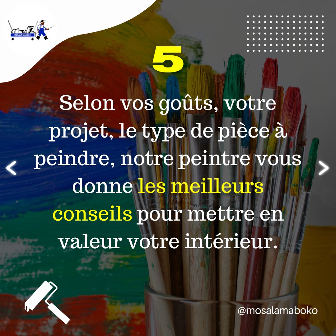MosalaMaboko's tweet photo. Voici 5 bonnes raisons de solliciter un peintre Mosala Maboko pour vos travaux. Rendez vous directement sur notre plateforme en ligne https://t.co/U8Uir90Teu pour le faire.
#peintre #peinture #decoration #renovation #mosalamaboko #maintenance #congo #kinshasa #painter #painters https://t.co/Ipz4LMUSgd