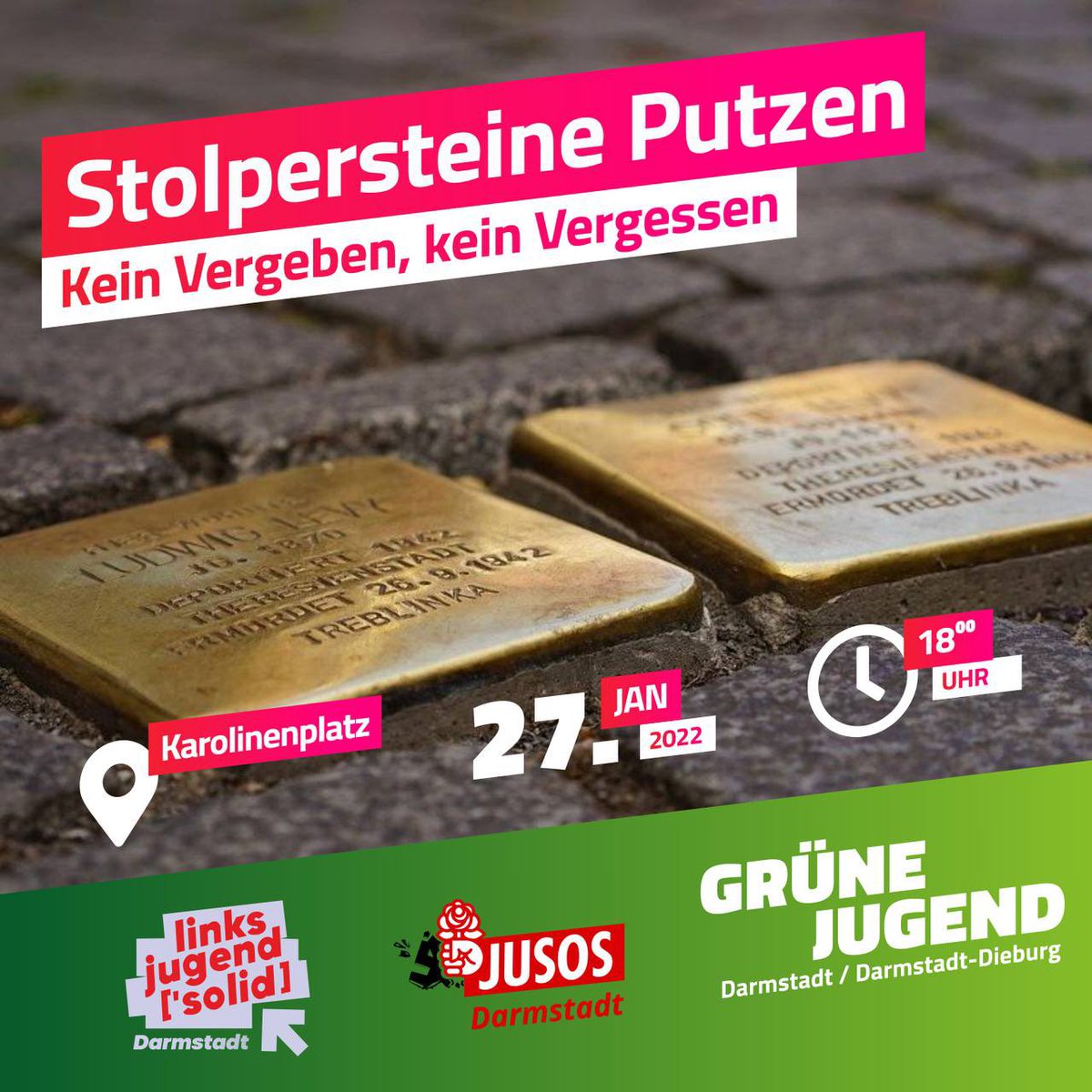 Diese Woche treffen wir uns am Donnerstag um 18 Uhr am Karolinenplatz. Wir gehen mit den <a href="/jusosdarmstadt/">Jusos Darmstadt</a> und der Linksjugend ['solid] Darmstadt Stolpersteine
putzen, zum Gedenktag an die Opfer des Holocaust.
Kein Vergeben kein Vergessen!