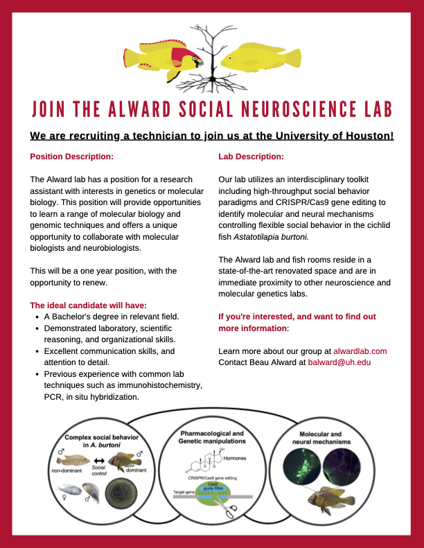 @SBNTweets @NeuroEndoTalk @SICB_DCE @SICB_ @UHouston My lab is looking for a research tech! Info in flier. https://t.co/nicfSZ23jA