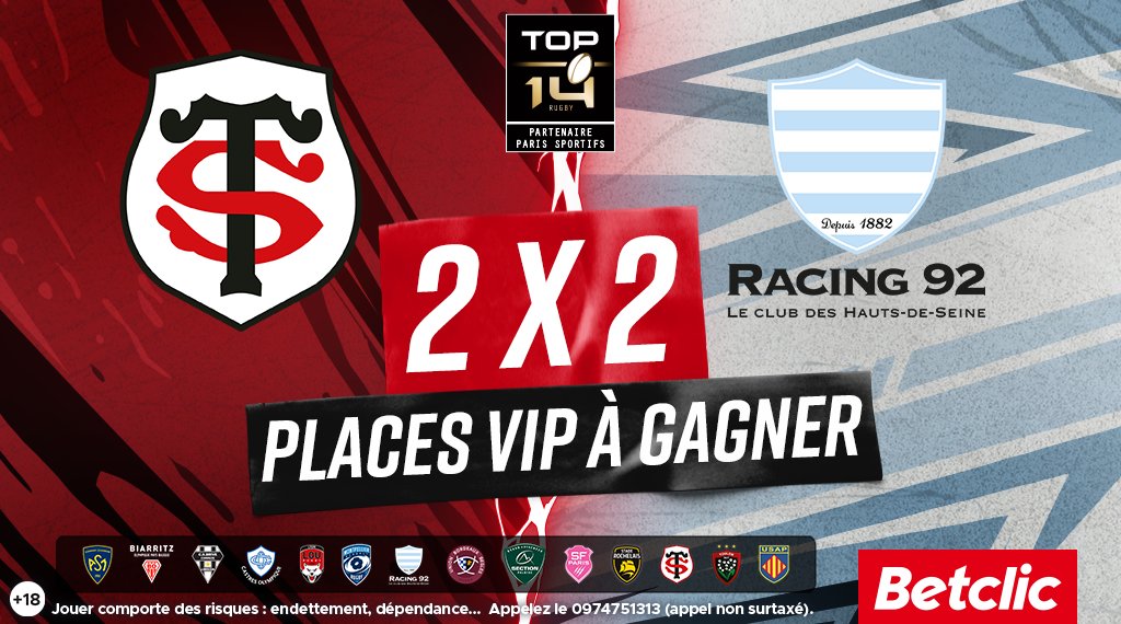 Betclic's tweet image. 🔥 C'est LE CHOC de ce samedi en @top14rugby !! Le Stade Toulousain reçoit le Racing 92 !

Pour l'occasion, on fait gagner 2 x 2 places VIP 🤩

🔁 RT + #BetclicTop14 pour participer