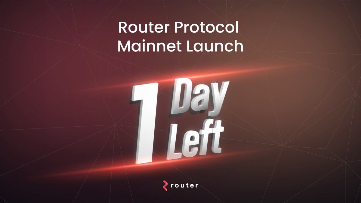 routerprotocol's tweet photo. The final countdown has begun 🌟

Just 1⃣ day left for the launch of Router Mainnet 🤘

How excited are you? 🤩

$ROUTE
#RouterProtocol #RouterMainnet #RouteArmy #Mainnet #Crosschain https://t.co/if7hBq8UMm