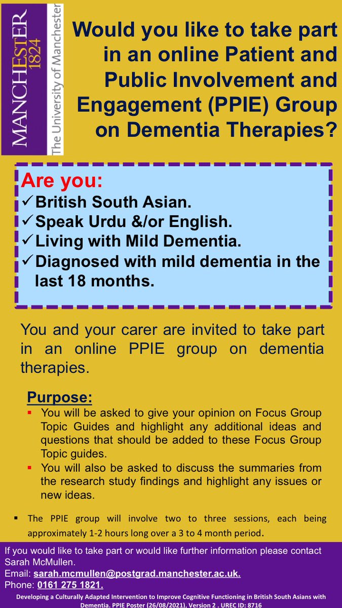 sarahmcmullen96's tweet photo. Are you a British South Asian living with mild dementia?
Would you like to take part in a PPI Group (advisory group) on Dementia Therapies?
The sessions will be online and you will be reimbursed for your time.
✉️sarah.mcmullen@manchester.ac.uk
📞0161 275 1821
❗️Please RT❗️ https://t.co/SfY7YuaUwD