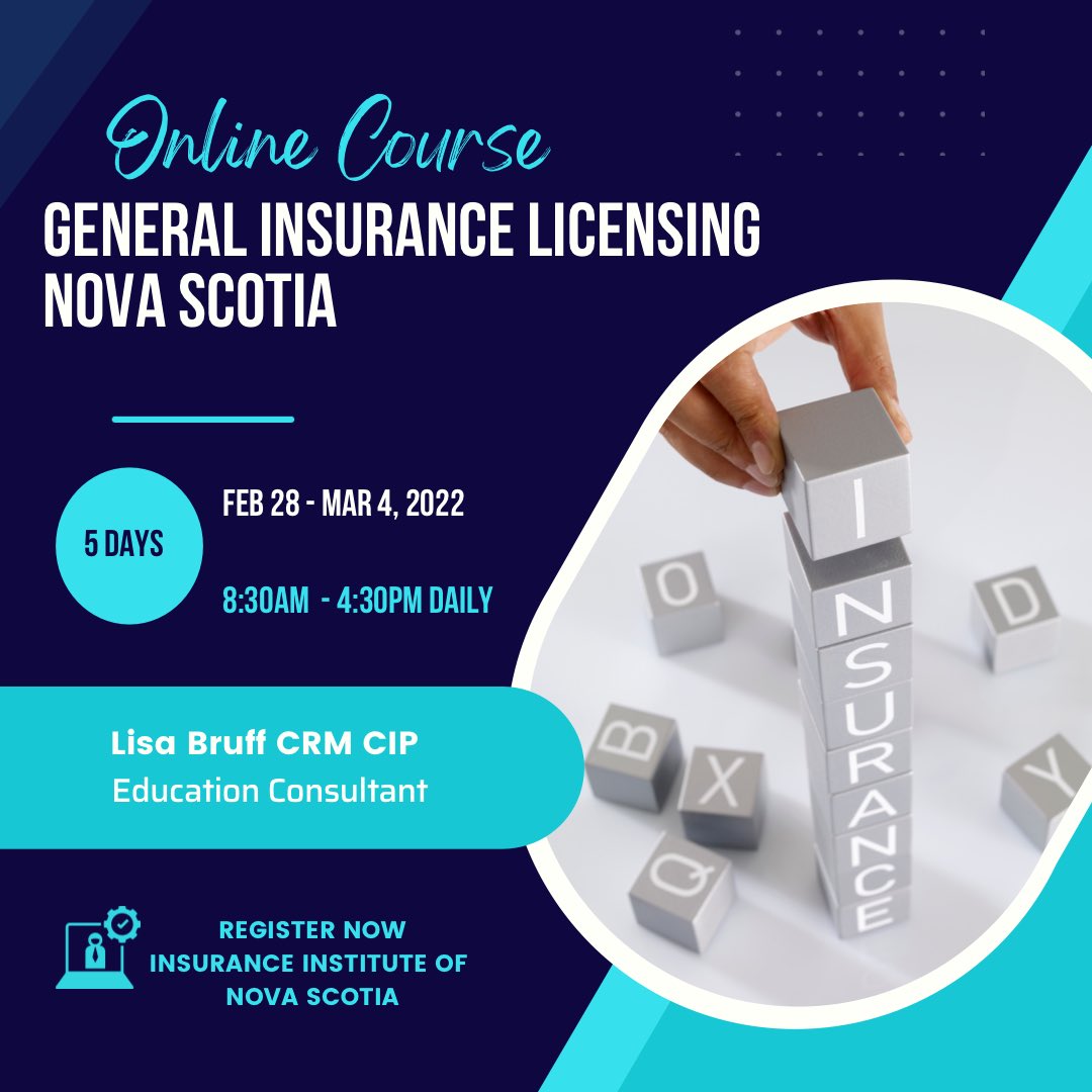 LMBruff's tweet image. This live 5-day virtual course Feb 28 - Mar 4, 2022 meets the educational requirement for the NS and PEI General insurance License.

Learn more or register today @ lnkd.in/dJf95ZS

 #insurance #canada #students #education #novascotia #pei
