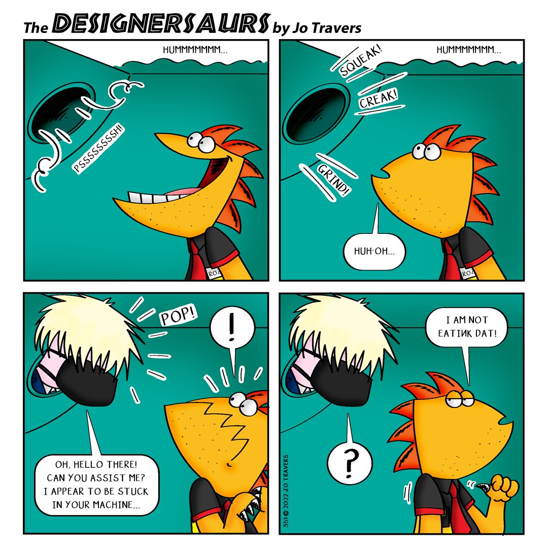 351 Pop. Err, Rozz... I don't think you're supposed to be in there... #designersaurs #webcomic #comics #cartoon #dinosaur