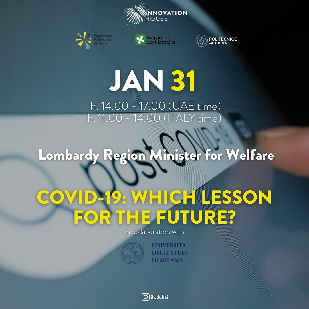 FondaPoliMi's tweet photo. Riprendono gli eventi di #InnovationHouse a Dubai con @polimi e @RegLombardia!

📆31/01 COVID-19 Which lesson for the future?
Registrati⬇️
https://t.co/CBbi6CXAFv 

📆01/02 Hospital of the future. How to rethink architectures for health
Registrati⬇️ https://t.co/RBLPXqH9FY https://t.co/THUZefq83e