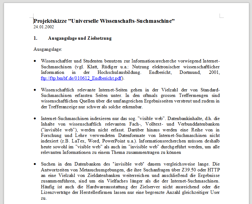 BASEsearch's tweet image. 20 years ago (on January 24, 2002) we published our first project draft of a &quot;Universal Scientific Search Engine&quot; (in German). Initital position: Students are using web search engines like Google for research. Goal: Index the academic web with search engine software #basesearch