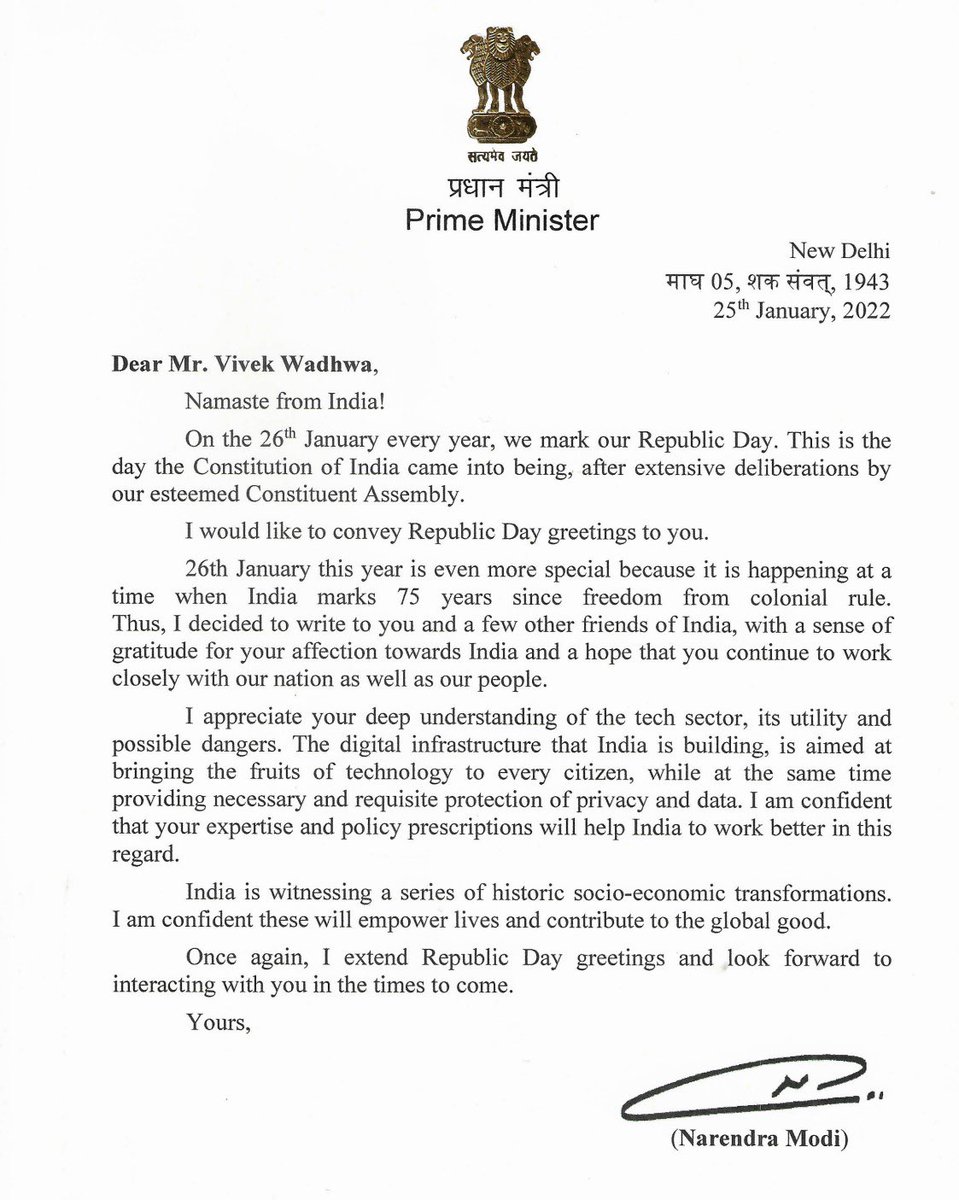 ShefVaidya's tweet photo. The personalised letters sent by @narendramodi to eminent citizens of the world are so endearing. Each has a para that is uniquely crafted keeping the recipient’s personal history and contributions in mind. Whoever did the homework did a darn good job! #RepublicDay https://t.co/HjmdGxw7sF