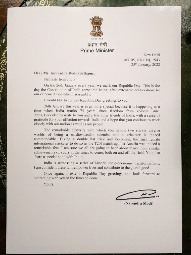 ShefVaidya's tweet photo. The personalised letters sent by @narendramodi to eminent citizens of the world are so endearing. Each has a para that is uniquely crafted keeping the recipient’s personal history and contributions in mind. Whoever did the homework did a darn good job! #RepublicDay https://t.co/HjmdGxw7sF