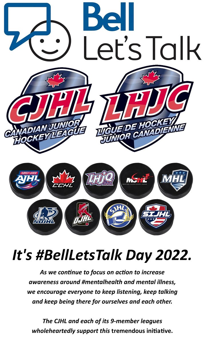 Today is #BellLetsTalk Day. #CJHLHockey and its nine-member leagues proudly support this worthwhile endeavour. <a href="/TheAJHL/">TheAJHL</a> @TheSJHL <a href="/mjhlhockey/">MJHL</a> <a href="/SIJHL/">SIJHL</a> <a href="/NOJHL/">NOJHL</a> <a href="/OJHLOfficial/">OJHL</a> @theCCHL <a href="/LHJAAAQ1/">LHJAAAQ</a> <a href="/THEMHL/">The MHL</a>