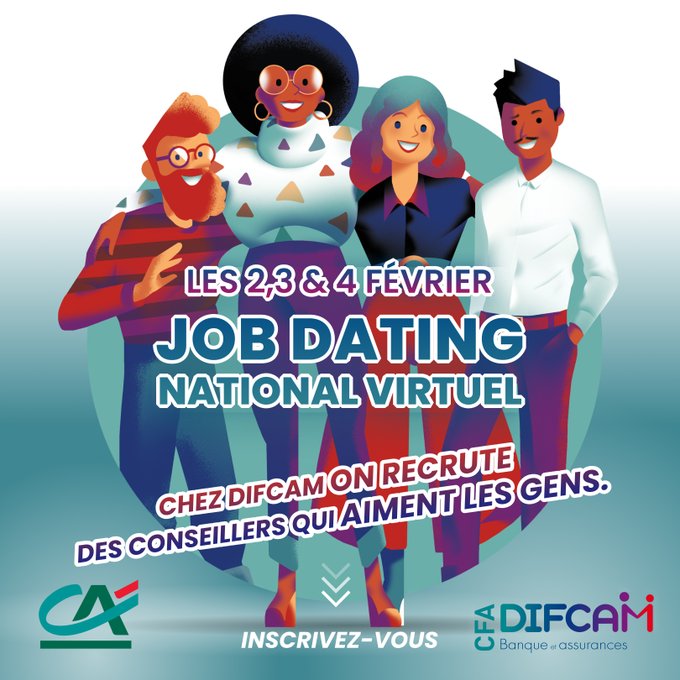 💼 #Recrutement l RDV les 2,3 &amp; 4 février 2022 pour un grand #Jobdating <a href="/CreditAgricole/">Crédit Agricole</a>. 🤞 Pour mettre toutes les chances de votre côté, participez aux ateliers d’entrainement &amp; webinaires les 27,28, 31/01 &amp; 01/02 ! 

Inscriptions ➡️ difcam.seekube.com