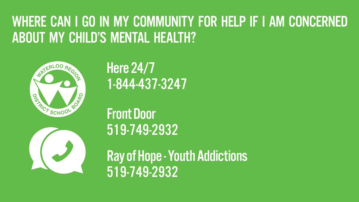 wrdsb's tweet image. Where can I go in my #KWawesome community for help if I am concerned about my child’s #MentalHealth?

📞 Here 24/7: 1-844-437-3247
📞 Front Door: 519-749-2932
📞 Ray of Hope – Youth Addictions: 519-743-2311
📞 Emergency: 911

#BellLetsTalk