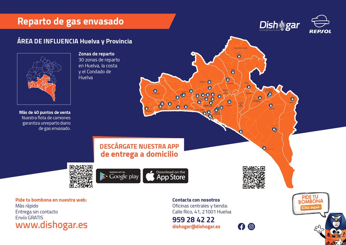 dishogar's tweet photo. 🟠 Evita sorpresas y no te quedes sin bombona a las puertas del fin de semana 🥶. 

✅ Aquí te dejamos nuestros puntos de reparto 📌

👉 Cómprala en nuestra web, App o por teléfono y te la llevamos a casa gratis: https://t.co/POJuNliIp3.

#Dishogar #Huelva #Butano https://t.co/XR6sV0KkJd