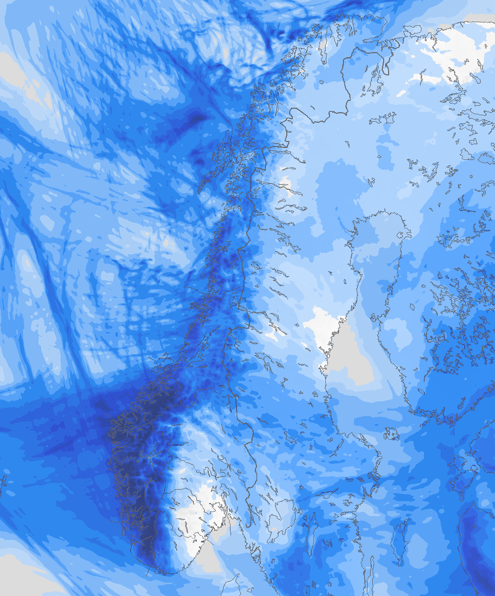 Meteorologene's tweet photo. Sånn ser nedbørkartet for Norge ut de neste to dagene 🌧️ 

🌨️ "Stripene" i nord skyldes snøbyger.
🌧️ Vestlandet får mest nedbør. Den kommer som regn i lavlandet og som snø i fjellet. 
🌤️ På Østlandet blir det kun noe spredt regn, og lengre perioder med sol. https://t.co/VRN89cD8Eh