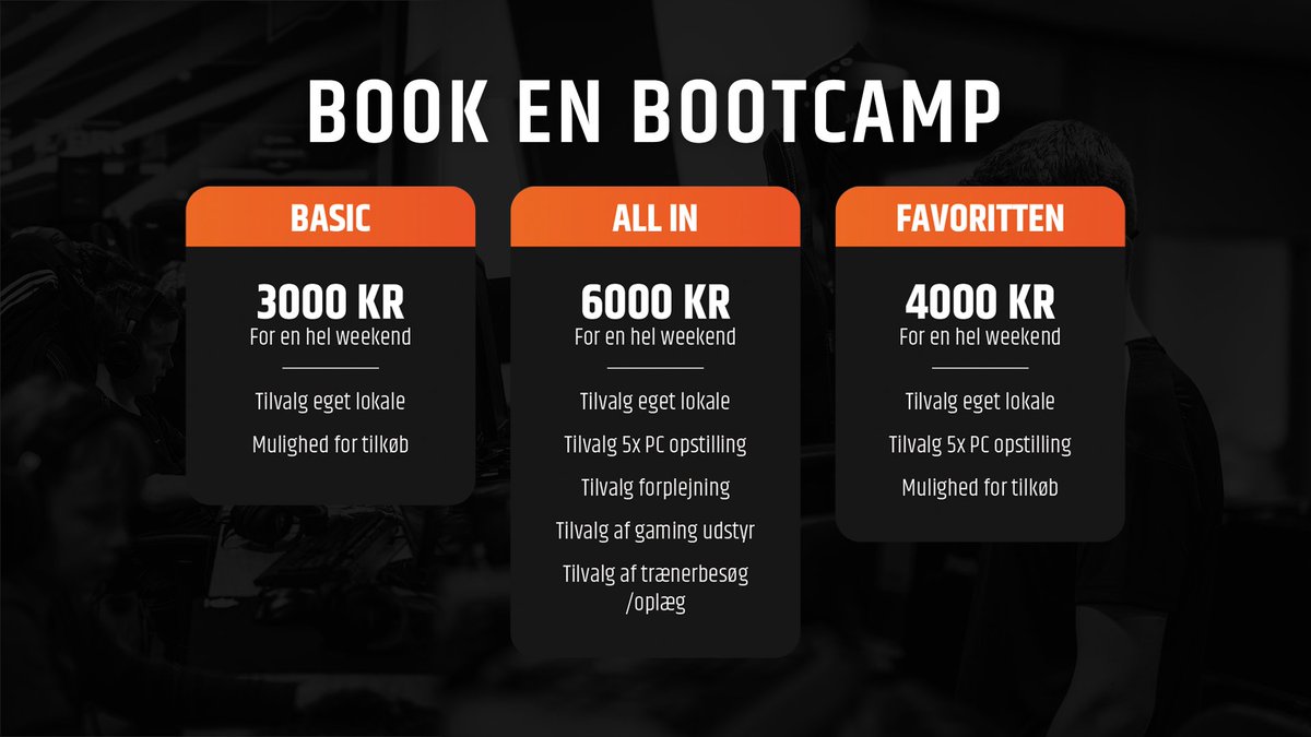 Mangler du et sted at holde bootcamp?🤔

Vi tilbyder lokaler, PC'er, udstyr, forplejning mm. hos Odense Esport og er placeret lige i midten af Danmark! Det perfekte sted at mødes hvis man kommer fra forskellige landsdele 🔥

Læs mere her: odense-esport.dk/bootcamp/

#BootCamp
