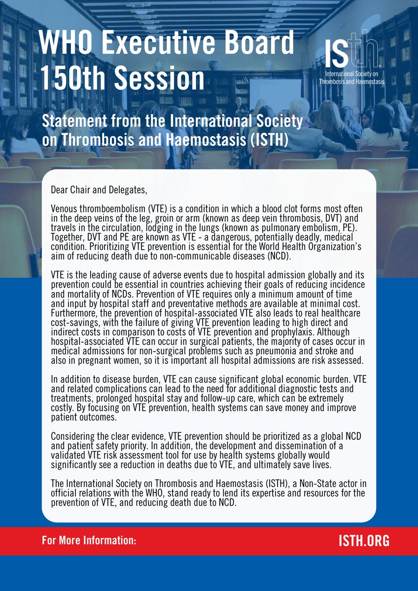 isth's tweet photo. Don't miss our full statement for today's @WHO #EB150 agenda on the prevention and control of non-communicable diseases (NCDs). Prioritizing #VTE prevention is essential to reduce death due to #NCDs. #KnowThrombosis #ThinkVTE #HealthForAll https://t.co/JWAUMqasob