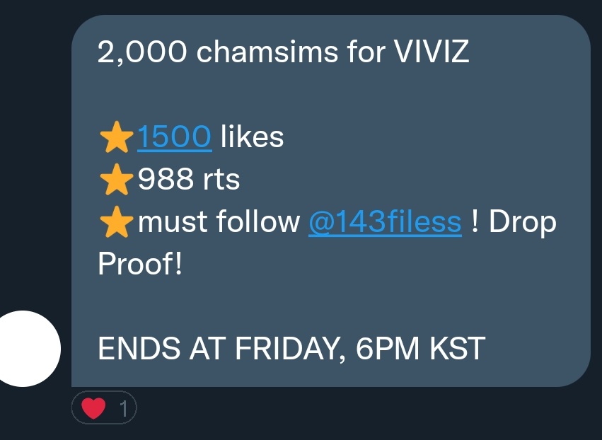 116gfrd's tweet photo. [DEAL]

calling buddies and na.vs! we have a 2000 chamsims deal for @VIVIZ_official!

⭐1500 likes
⭐988 rts
⭐ must follow @143filess + proof!! https://t.co/iqYpoRt1YH
