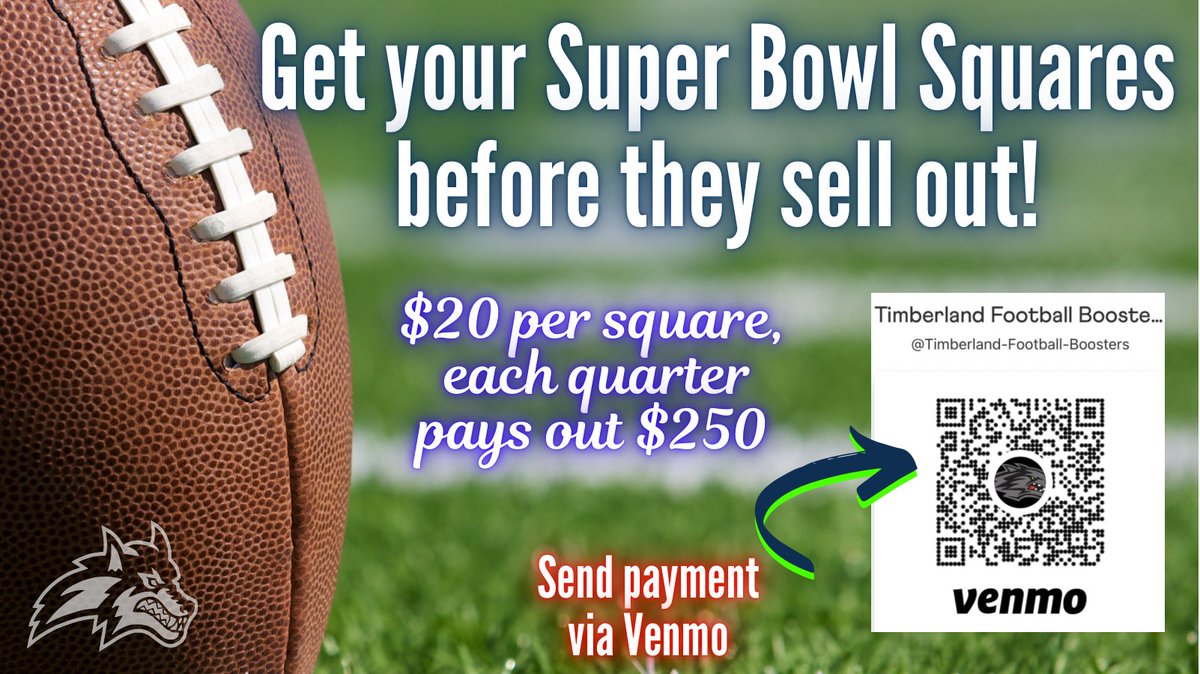 TLandHuddleClub's tweet photo. Grab your Super Bowl Squares and support the THS Football Team! It’s $20/square. Each quarter wins $250 and the rest goes to the team.

Use the link below to pick your square(s) &amp; then send payment via Venmo to Timberland Football Boosters:
https://t.co/NaLNaxu0L8 https://t.co/BYUBJEyY6l