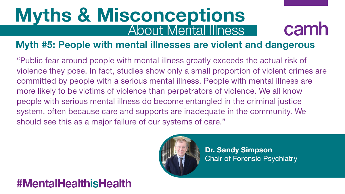 CAMHnews's tweet photo. One unfortunate myth is that people with mental illness are violent, perpetuated by negative portrayals in the media. People with mental illness are more likely to be victims. 

By spreading awareness, we can move beyond myths to help people who need it the most. 
#BellLetsTalk https://t.co/sS0357cAD5