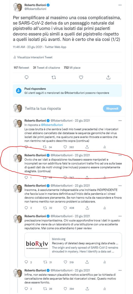 Per motivi a me sconosciuti oggi viene retwittato, fuori dal contesto e condito dalle solite minacce, un mio tweet che faceva parte di un thread del giugno scorso su origine SARS-CoV-2 che è ancora valido al 100%. Sinceramente non capisco questa volta cosa vogliono farmi dire.