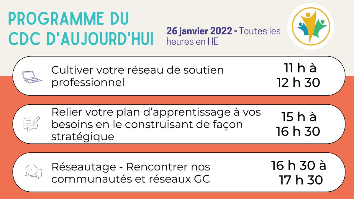 Bonjour les apprenants!

📅Consultez le programme du #CBC_CDC d'aujourd'hui📅

Voici les détails de chaque session :
wiki.gccollab.ca/Career_Boot_Ca…
wiki.gccollab.ca/Career_Boot_Ca…
wiki.gccollab.ca/Career_Boot_Ca…

N'oubliez pas de faire une pause et de vous faire un câlin mental chaleureux 💙 #BellCause