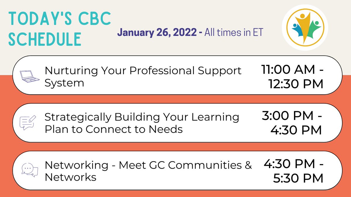 Good morning learners!

📅 Check out today's #CBC_CDC agenda 📅

Here are the details of each session:
wiki.gccollab.ca/Career_Boot_Ca…
wiki.gccollab.ca/Career_Boot_Ca…
wiki.gccollab.ca/Career_Boot_Ca…

Don't forget to take a break and give yourself a warm mental hug💙 #BellLetsTalk