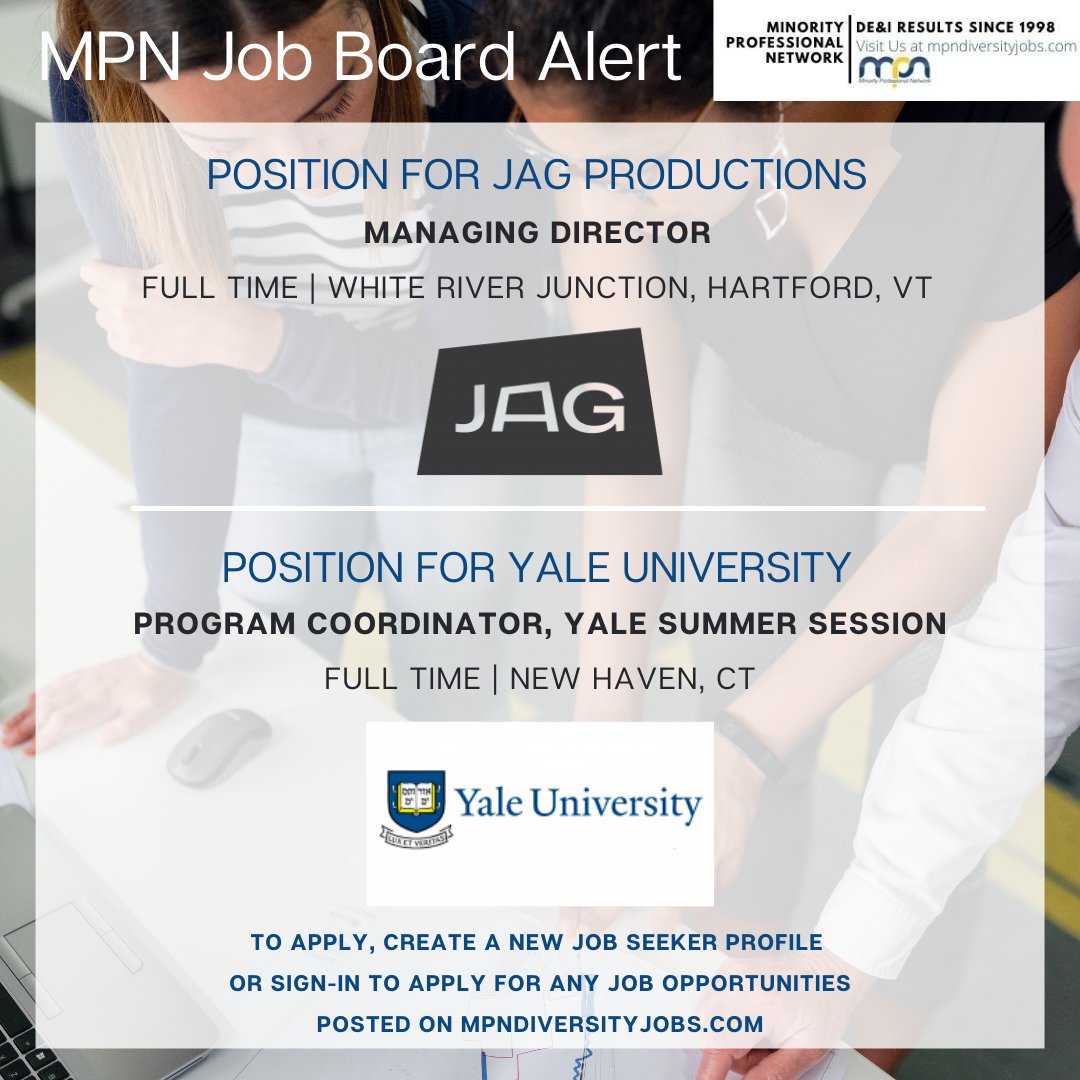 mpndiversityjob's tweet photo. Northeast MPN Job Board Alert
https://t.co/2SK9Buh4ZV

Managing Director
JAG Productions
https://t.co/1YvZlHjCne 

Program Coordinator, Yale Summer Session
Yale University
https://t.co/CumcY1QQnD

#Vermontjobs #VTjobs #Connecticutjobs #CTjobs https://t.co/iEDqYw058m
