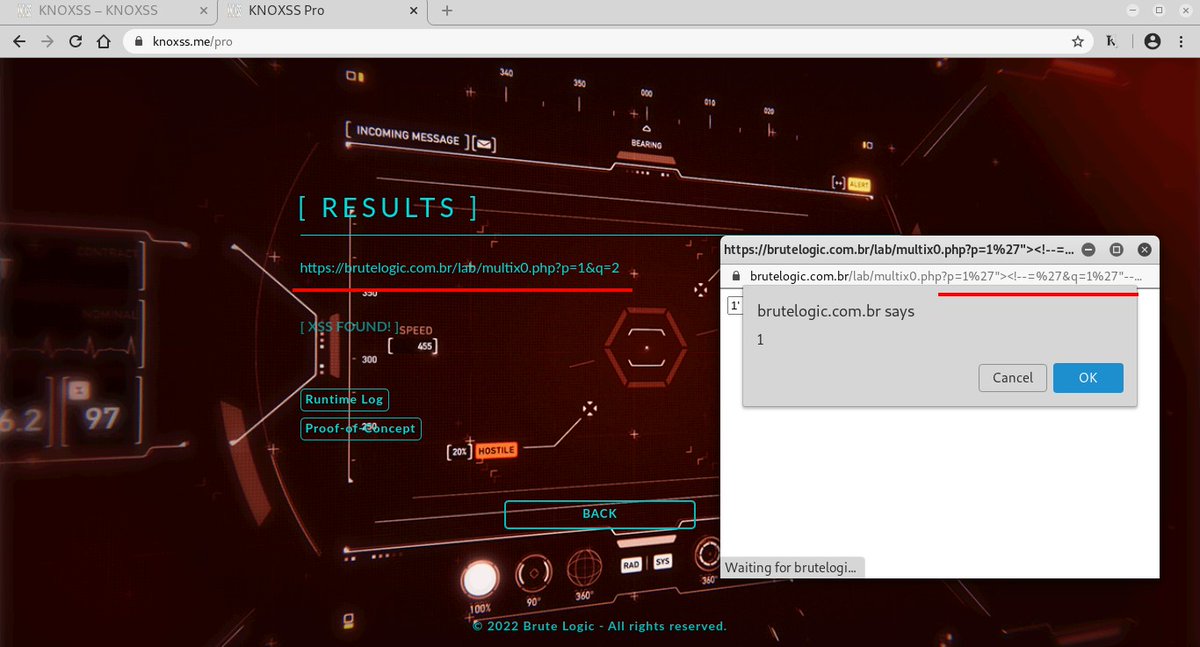 #DidYouKnow?

#KNOXSS is the only #XSS tool that can pop an alert box in a DOUBLE INJECTION (2 inputs) in 2 different reflection contexts!

Check the test page below, which requires a bypass on an alpha-based filter and a JSON encode function:

brutelogic.com.br/lab/multix0.ph…
