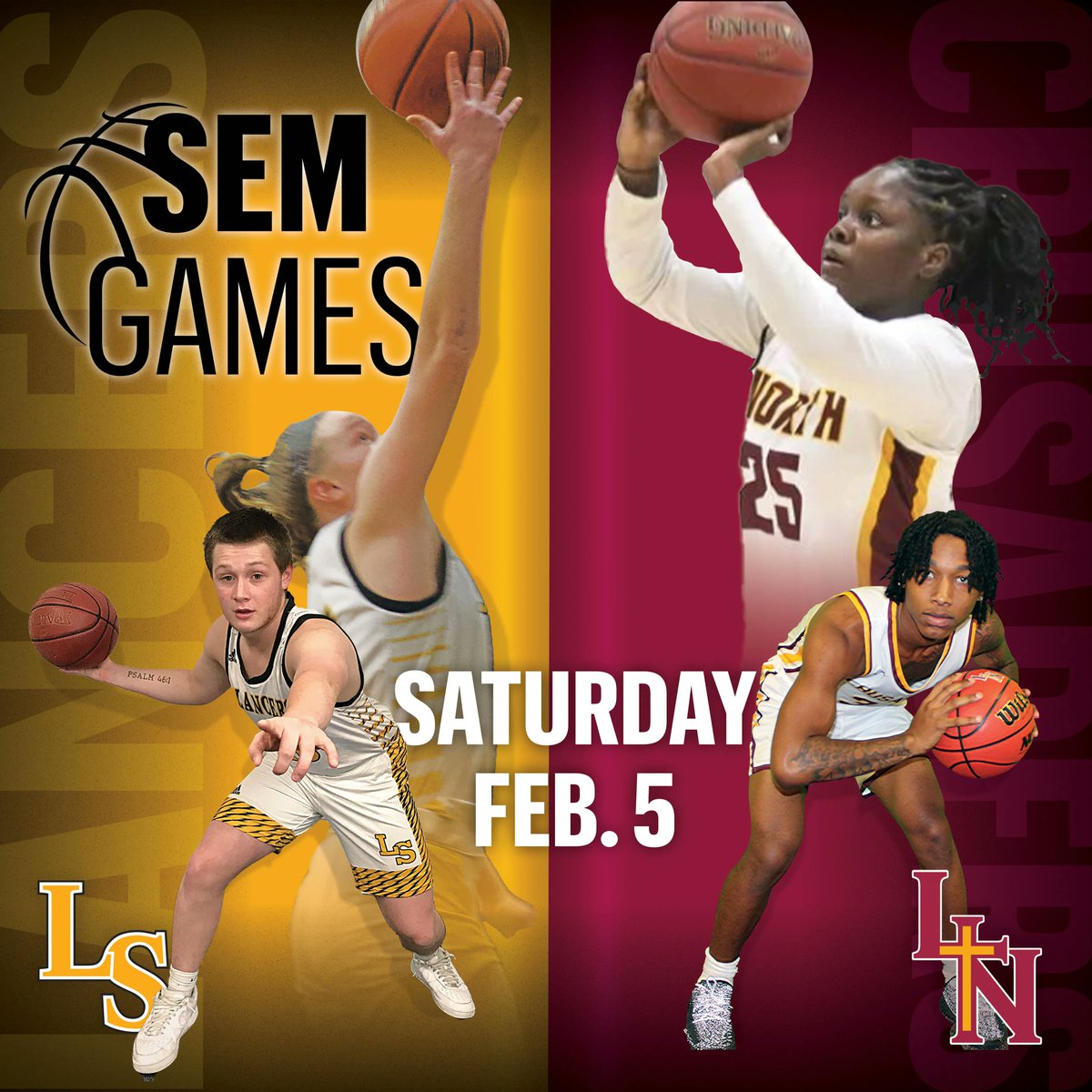 Get ready for the Sem Games! Due to COVID protocol at Lutheran North, only two fans will be allowed per player into the games. But you can watch a livestream, complete with audio and play-by-play commentary, as the Lancers battle the Crusaders on Saturday, February 5. https://t.co/HRBmiWjTBH